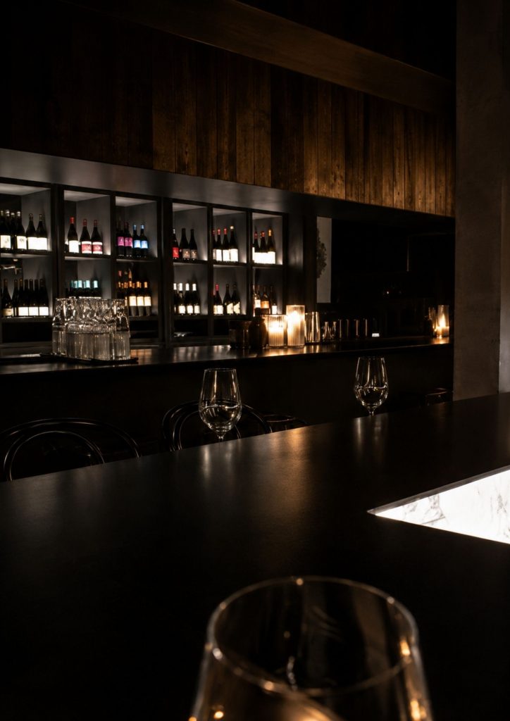 The dark bar and wine wall inside Honto in Fortitude Valley, Brisbane