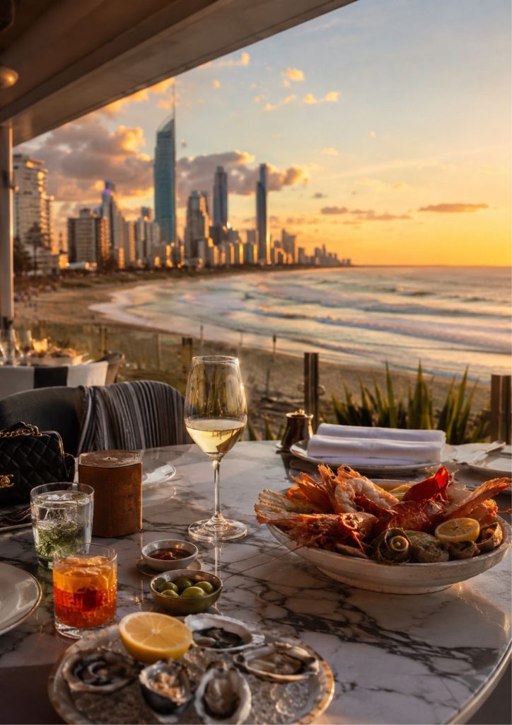 Oysters, cocktails and wine at sunset on a Gold Coast terrace overlooking the Surfers Paradise skyline and beach