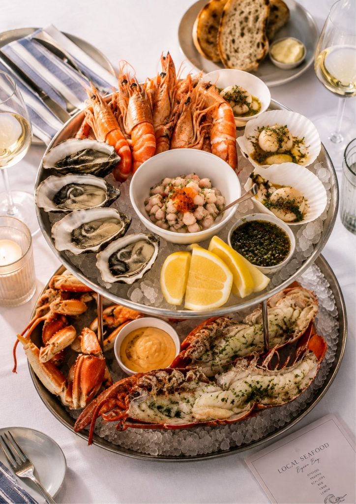 A seafood tower of oysters, prawns and lobster at a Byron Bay restaurant