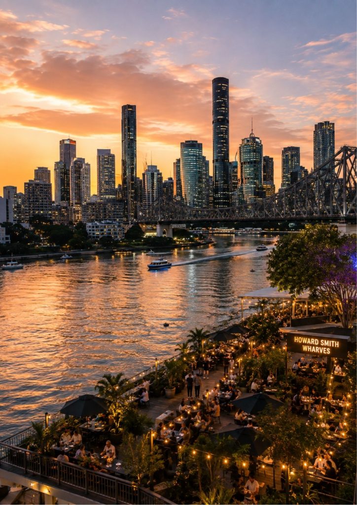 The Brisbane city skyline and Brisbane River at sunset