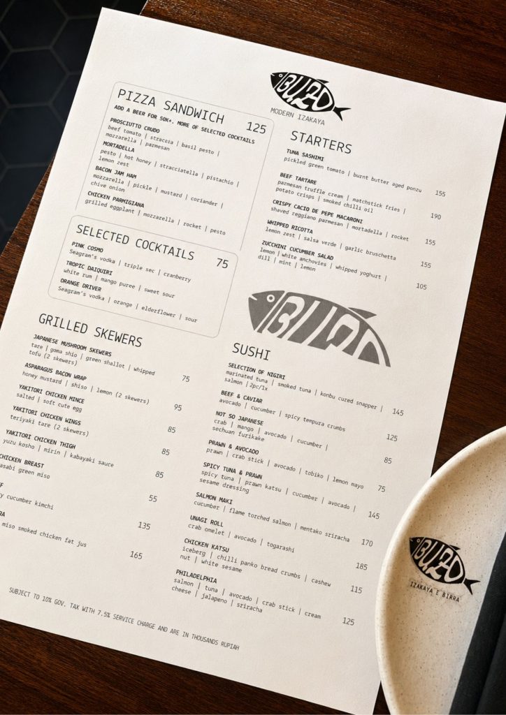 The Buzo menu in Seminyak, Bali, listing pizza sandwiches, starters and cocktails