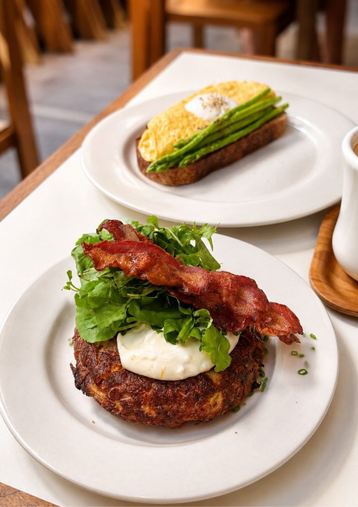 The BAKED. Benny at BAKED. bakery in Canggu, Bali: poached eggs on a potato rosti with bacon