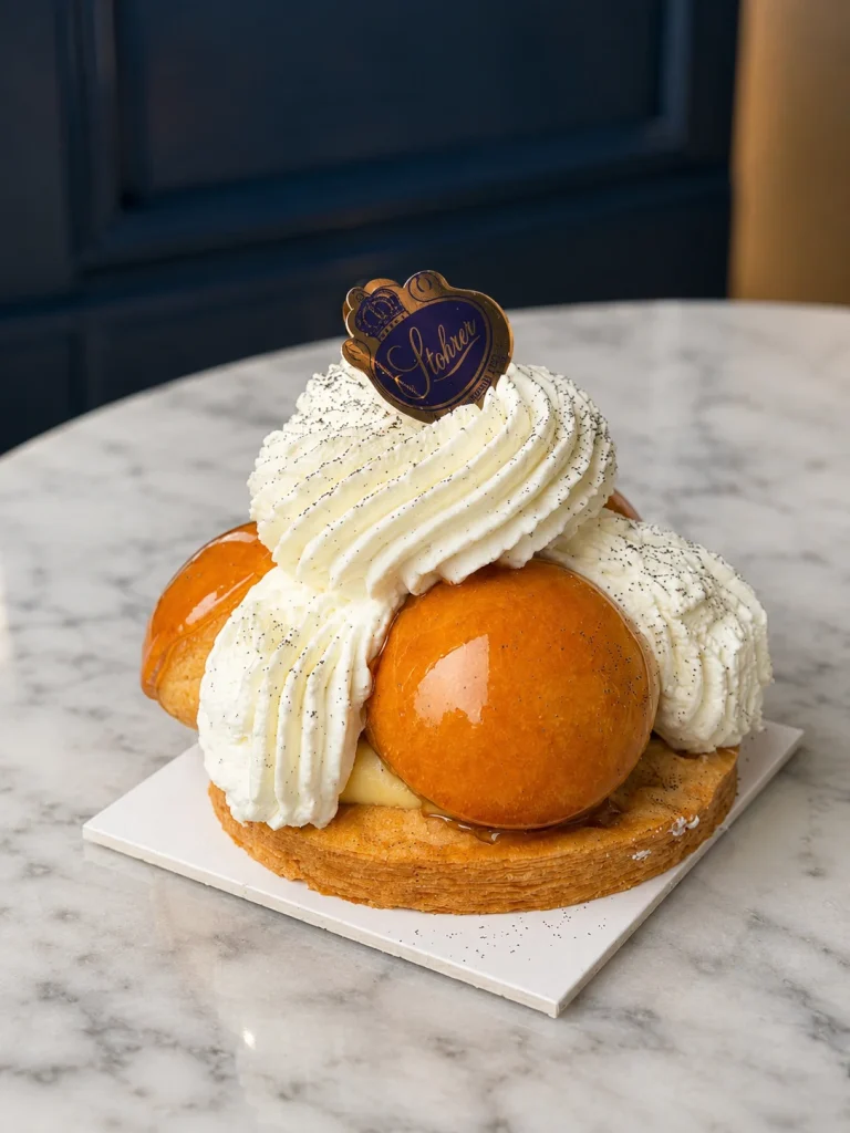 Choux pastry dessert with whipped cream and orange glaze on a marble table