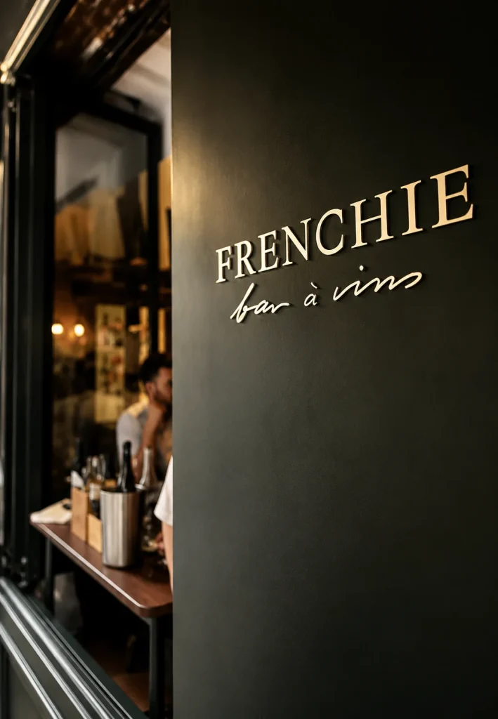 Frenchie Bar à Vins sign on a dark wall