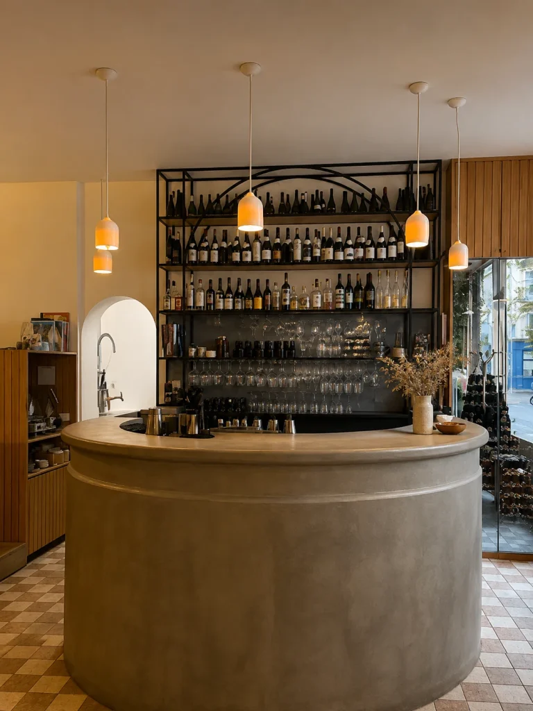 Café interior with a curved counter, bottle shelves and pendant lights