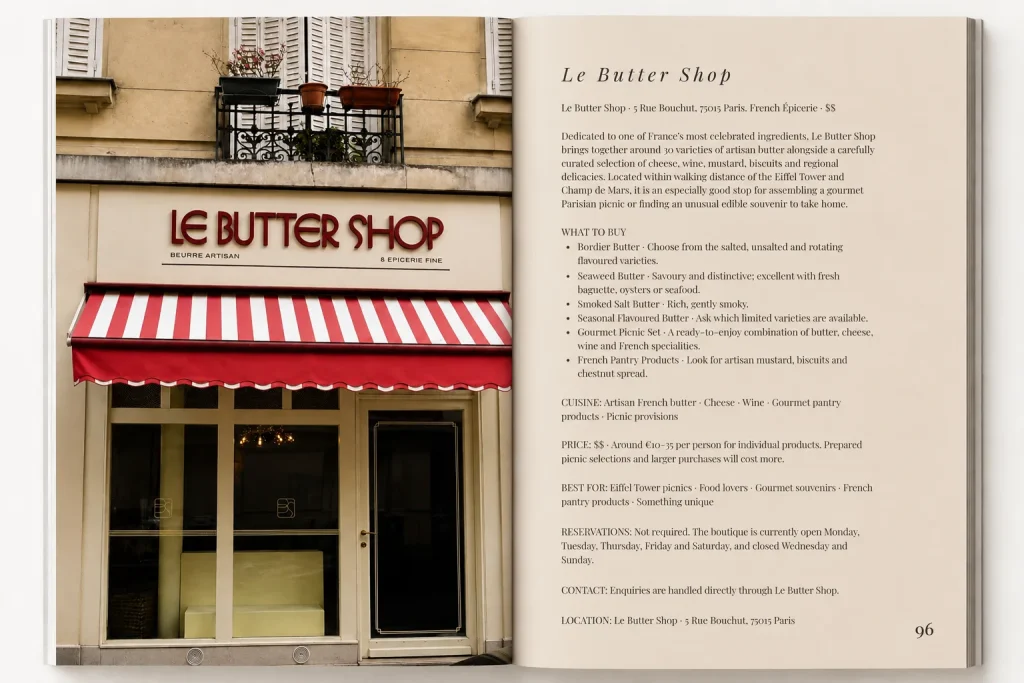 Le Butter Shop storefront with a red-and-white striped awning beside a Paris Food Guide page
