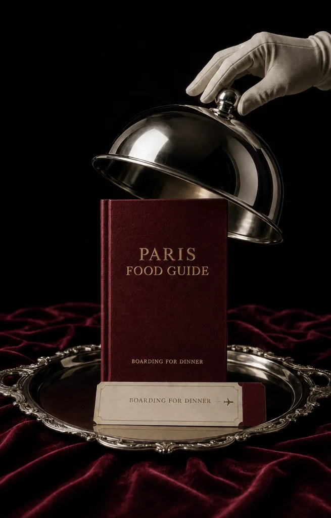 Gloved hand lifting a silver cloche over the Paris Food Guide on a silver tray