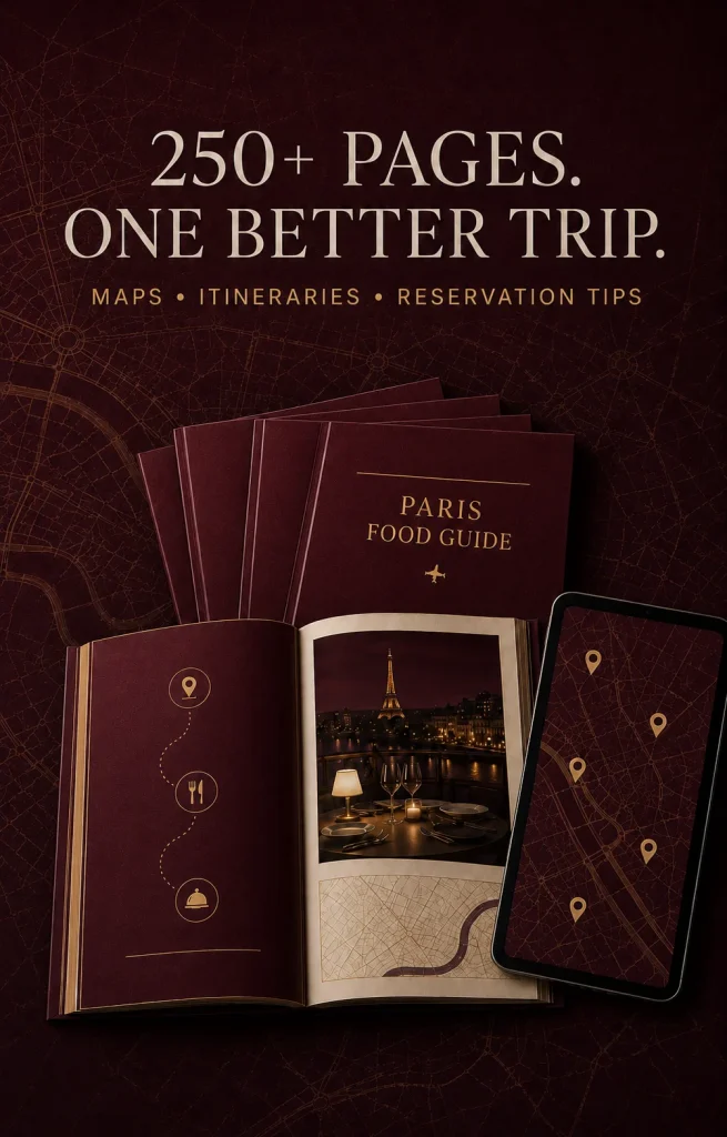 Promotional graphic for the Paris Food Guide reading 250+ pages, one better trip