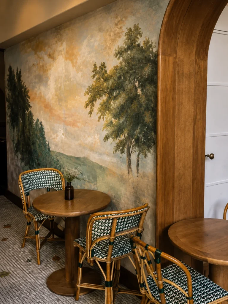 Café corner with a painted landscape mural and rattan bistro chairs