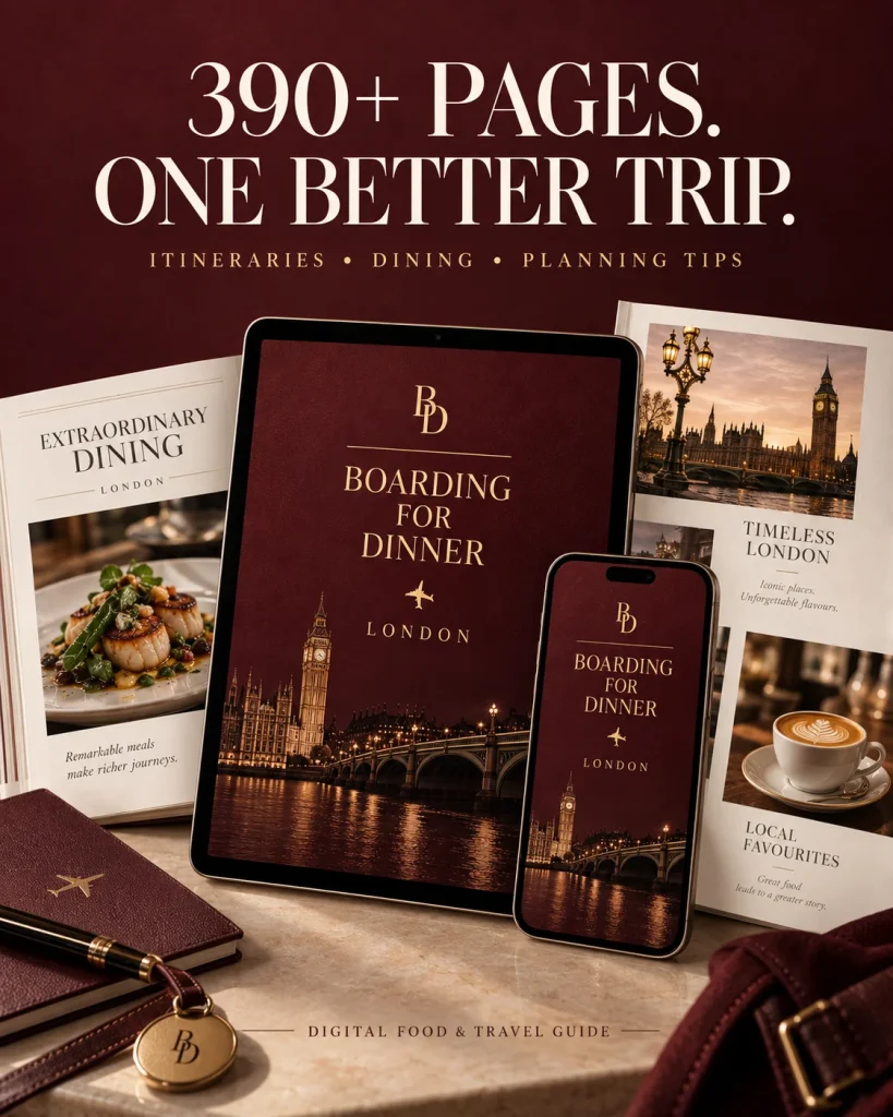 Promotional graphic for the London Food Guide on a tablet and phone reading 390+ pages, one better trip