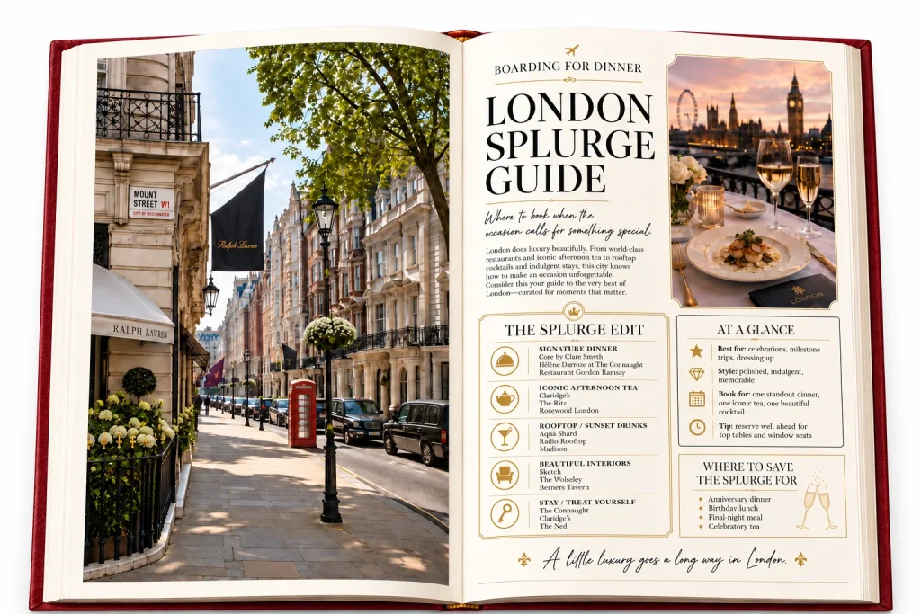 Open London Food Guide spread showing the London splurge guide with a street photo