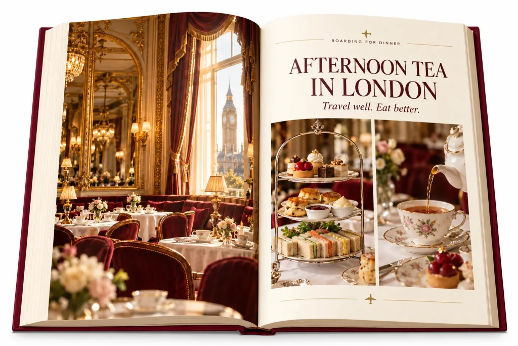 Open London Food Guide spread on afternoon tea, beside a photo of a grand tea room