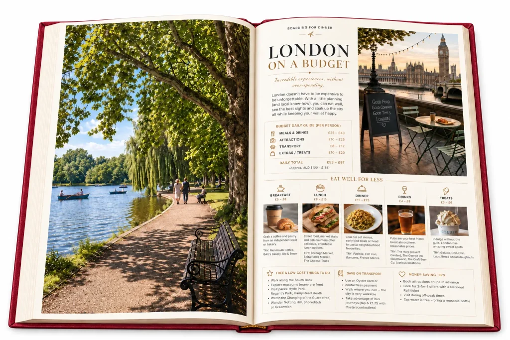 Open London Food Guide spread on London on a budget, beside a riverside park photo