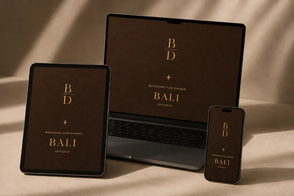 The Bali Food Guide open on a tablet, laptop and phone