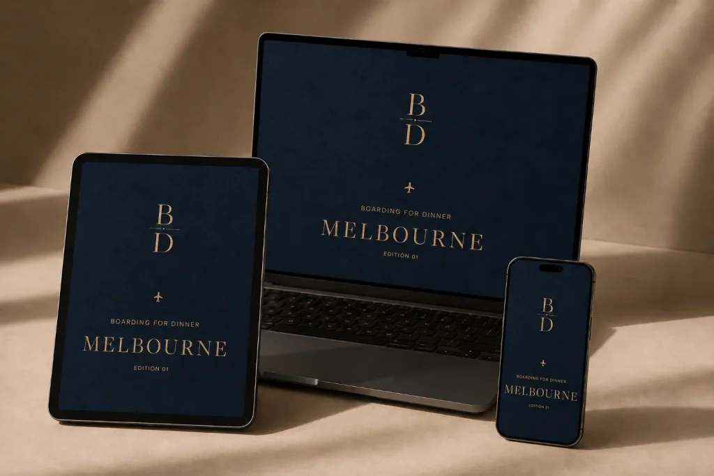 The Melbourne Food Guide open on a tablet, laptop and phone