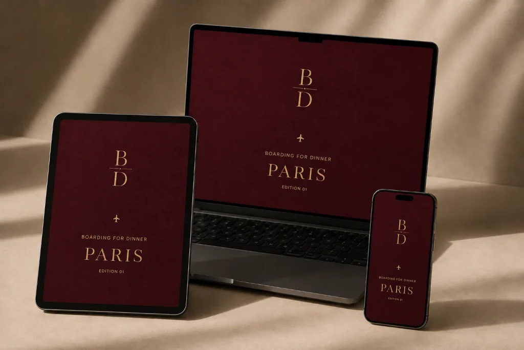 The Paris Food Guide open on a tablet, laptop and phone
