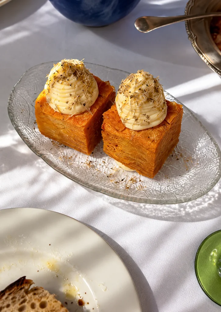 Two golden pastries topped with cream on a glass plate