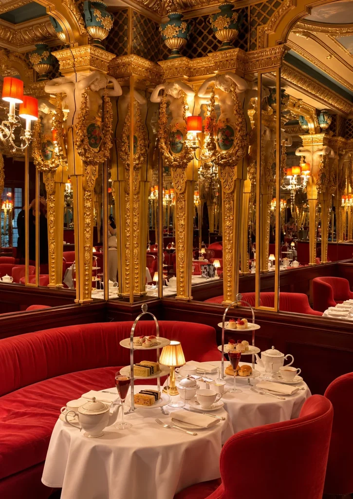 Ornate gilded tea room with red velvet seating and a tiered cake stand