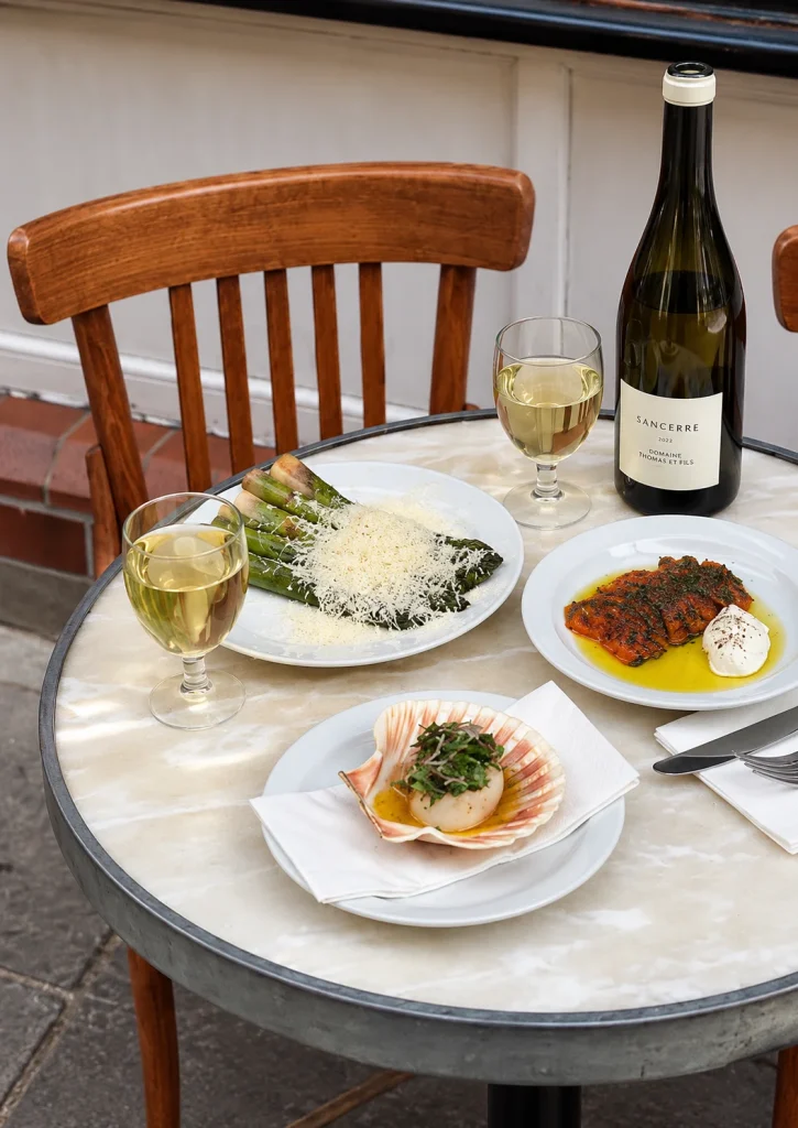 Bistro table set with white wine, a pasta dish and seafood plates