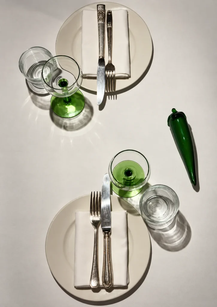 Overhead view of a table setting with cutlery, green glassware and a green chilli