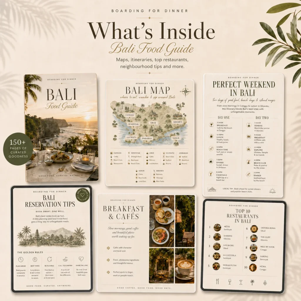 What is inside the Bali Food Guide: the Bali map, breakfast and cafe picks and a perfect weekend itinerary