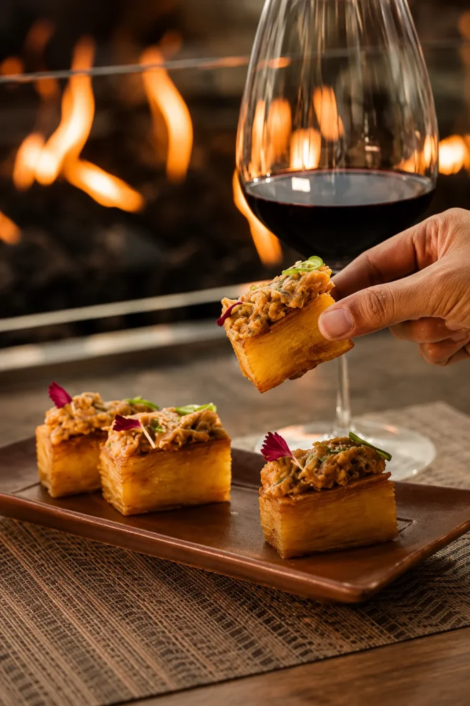 Canapes served beside an open fire with wine at a Bali restaurant