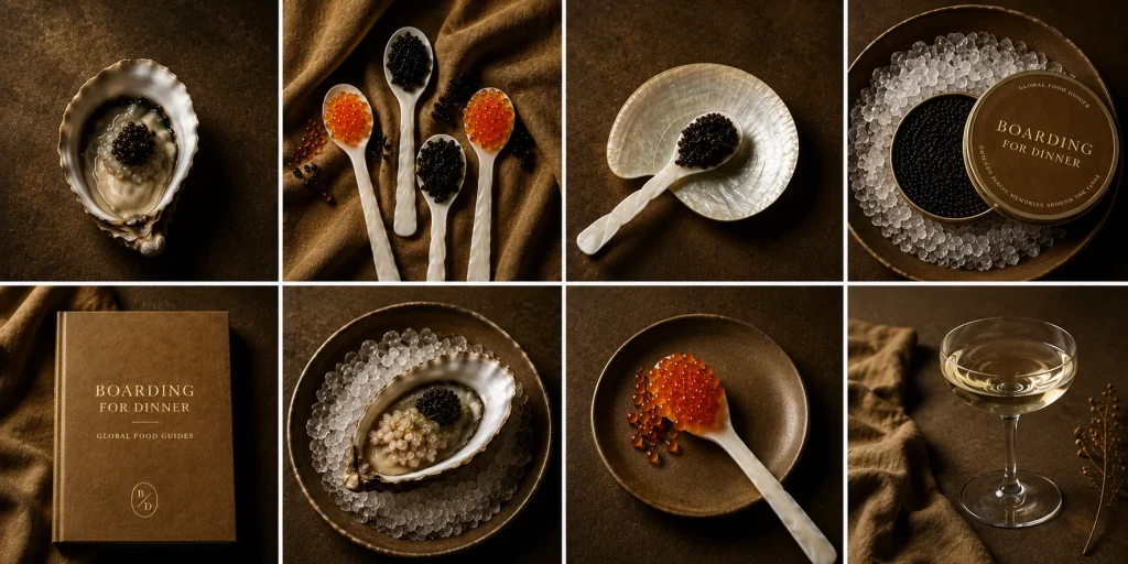 Caviar, oysters and champagne from the Boarding for Dinner Bali Food Guide