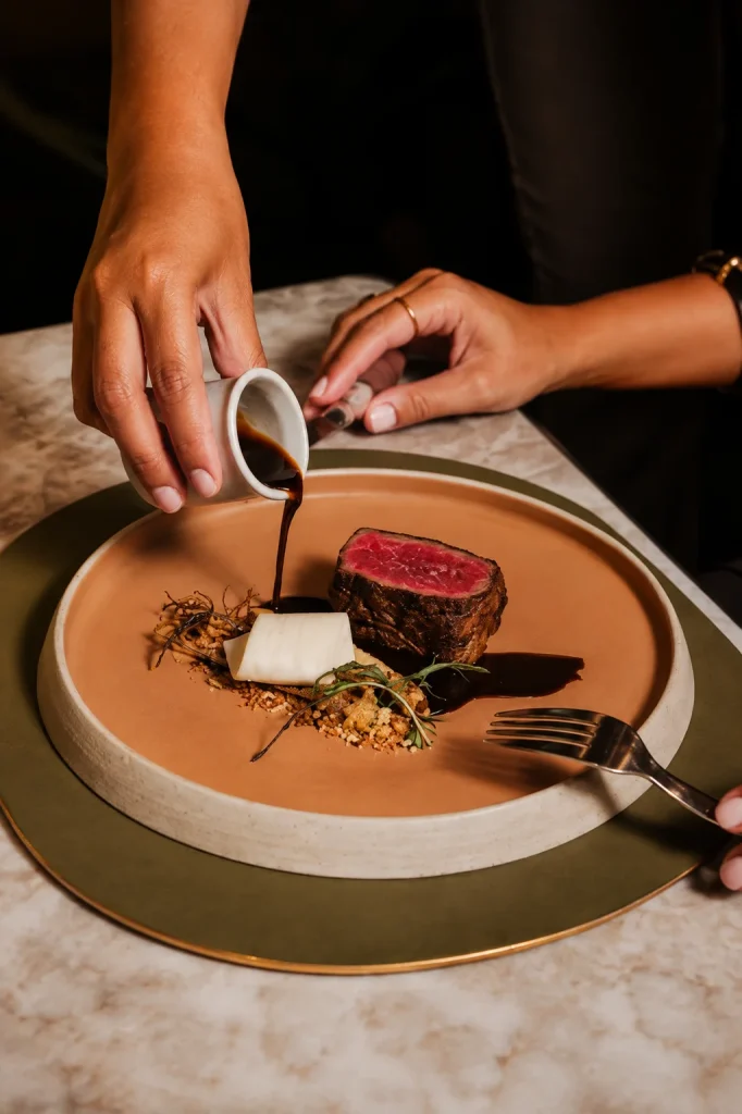 A chef pouring sauce over a steak at a Bali fine dining restaurant