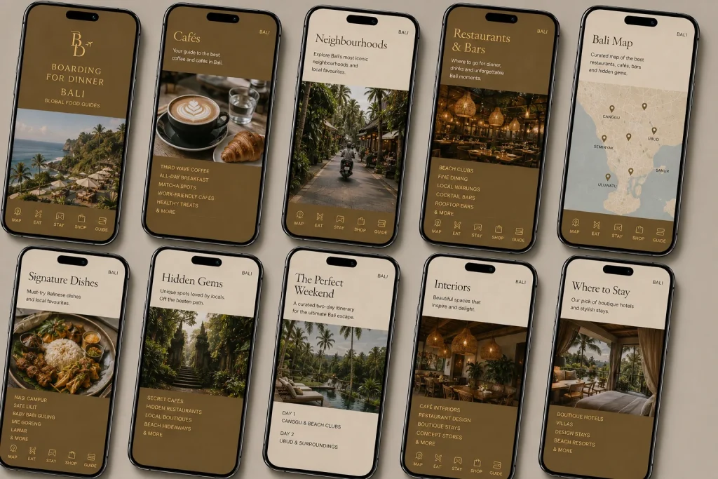The Bali Food Guide on a phone, showing cafes, neighbourhoods, restaurants and the Bali map