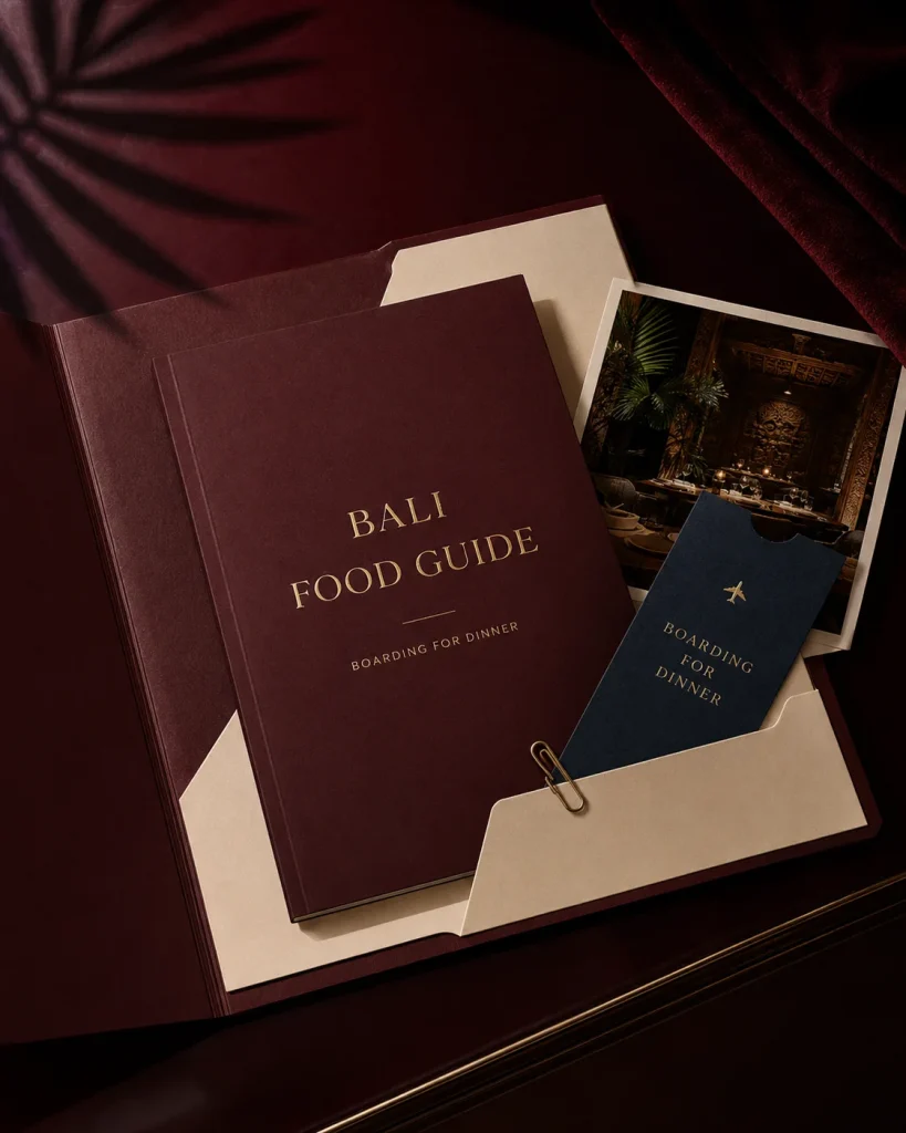 Bali Food Guide book on a burgundy desk beside a photo and a navy card