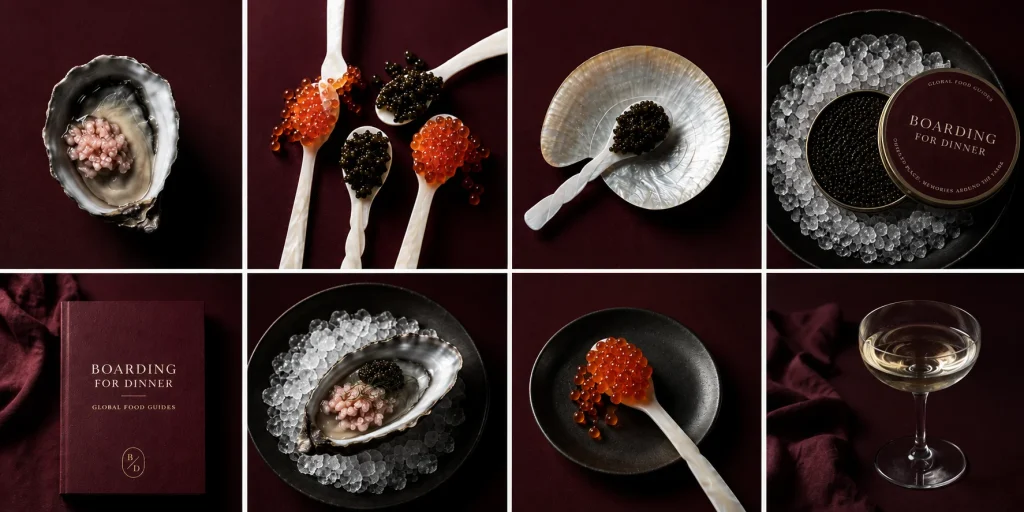 Fine dining details from the Boarding for Dinner city food guides: oysters, caviar and champagne