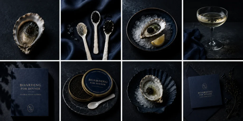 Fine dining details from the Boarding for Dinner guides: oysters, caviar, cocktails and the navy guide covers