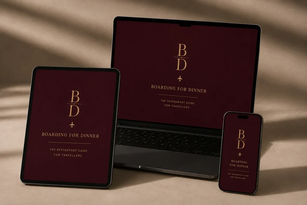 Boarding for Dinner city food guides open on a laptop, tablet and phone