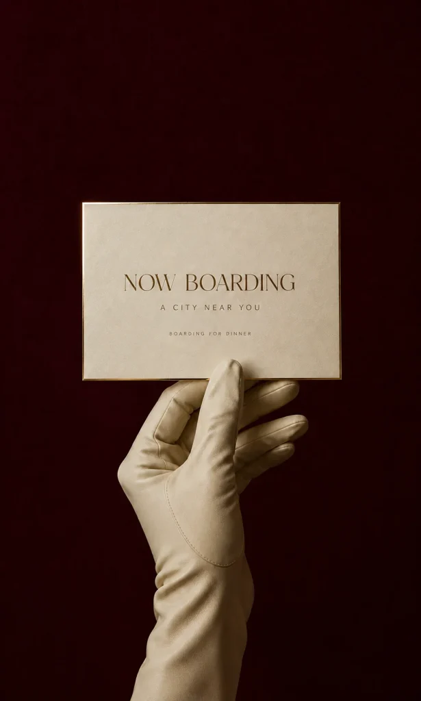 A hand holding a cream "Now Boarding: A City Near You" boarding pass, the Boarding for Dinner city food guide concept