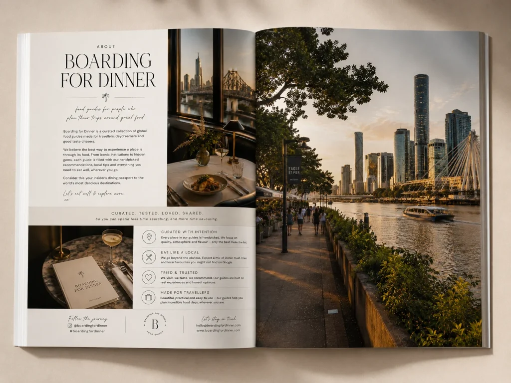 Open Brisbane Food Guide spread beside a riverside skyline photo