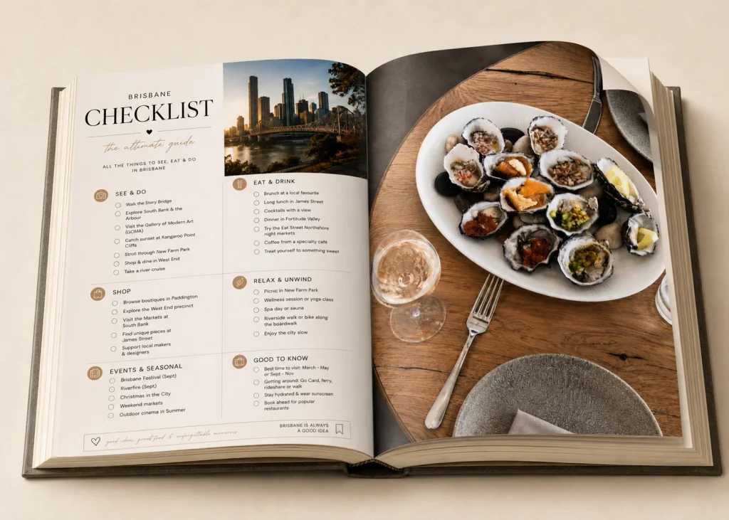 The Brisbane checklist spread from the Brisbane Food Guide, beside a plate of oysters