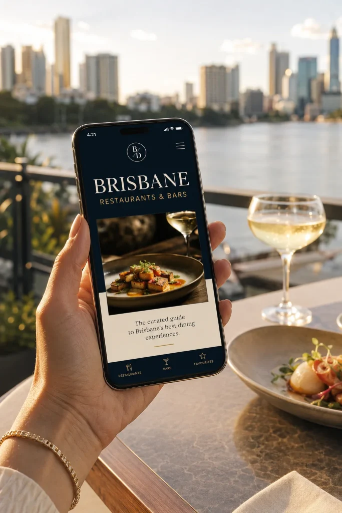 A hand holding a phone with the Brisbane restaurants and bars guide, overlooking the Brisbane River