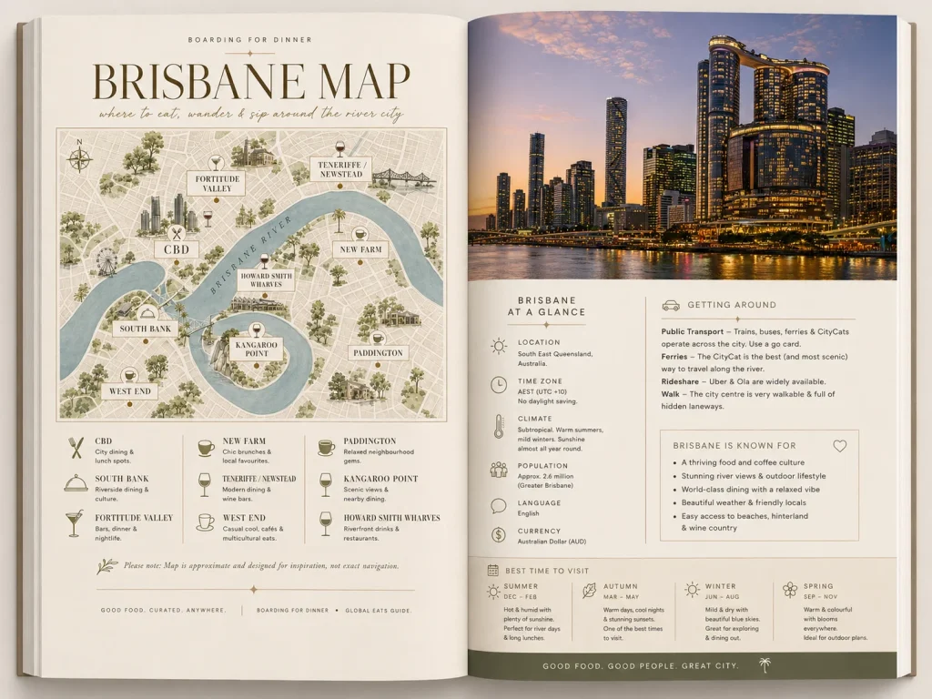 Open Brisbane Food Guide spread with an illustrated Brisbane map