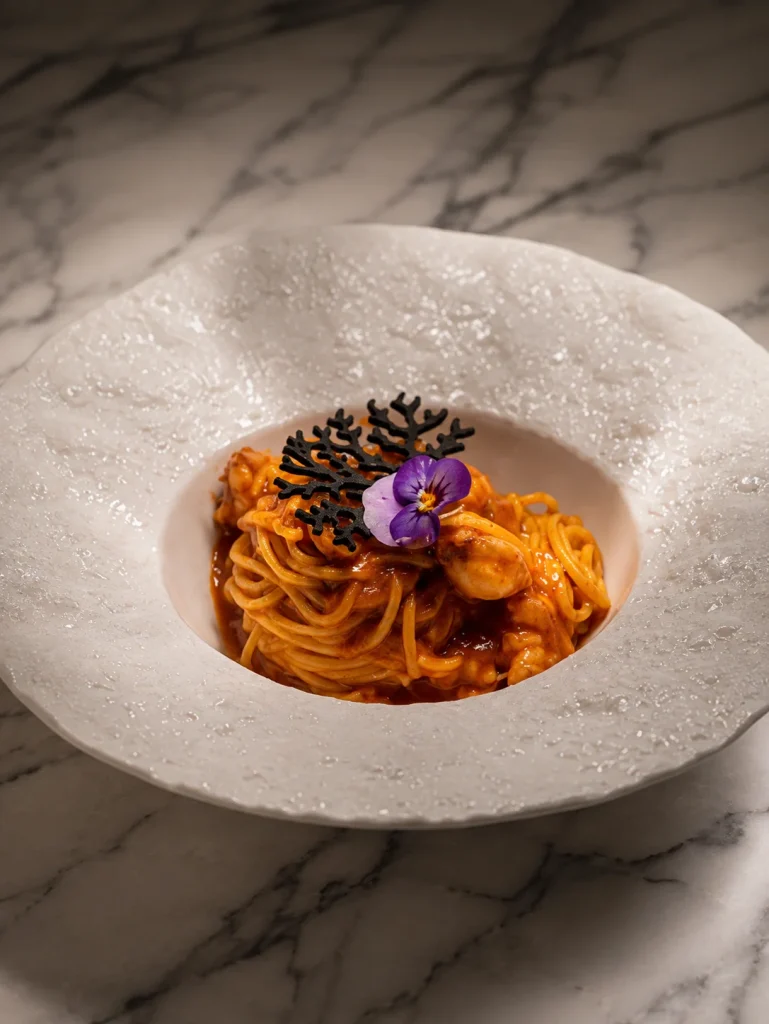 Pasta with a violet garnish served in a stone bowl, from the Brisbane food guide