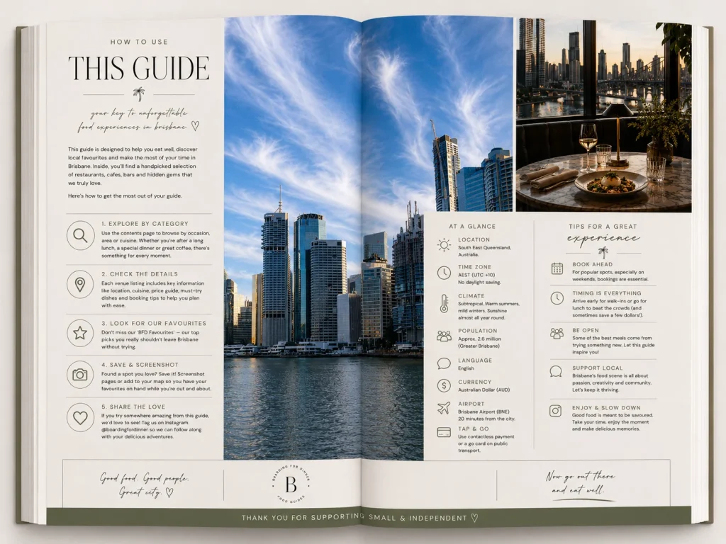 Open Brisbane Food Guide page beside a photo of city skyscrapers