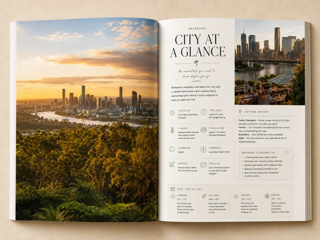 Open Brisbane Food Guide City at a glance page beside a sunset view of the Brisbane skyline