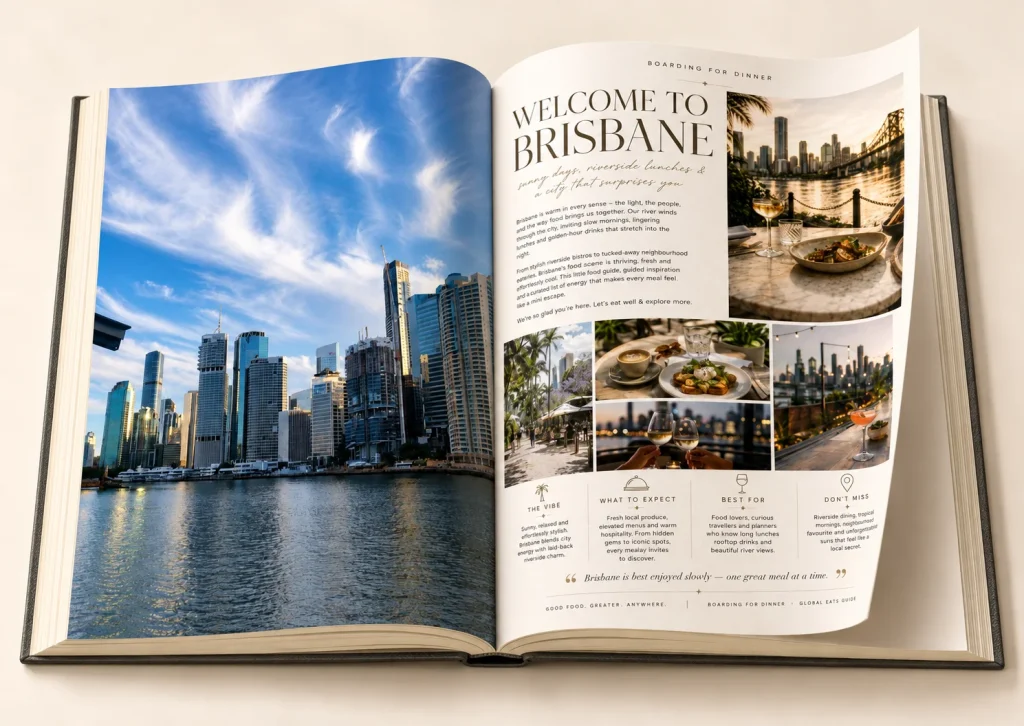 The Welcome to Brisbane opening spread of the Brisbane Food Guide, showing the river and city skyline