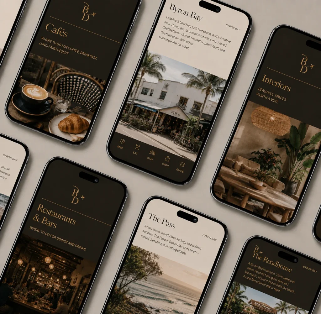 The Byron Bay Food Guide on a phone, showing cafes, restaurants and bars, The Pass and local recommendations