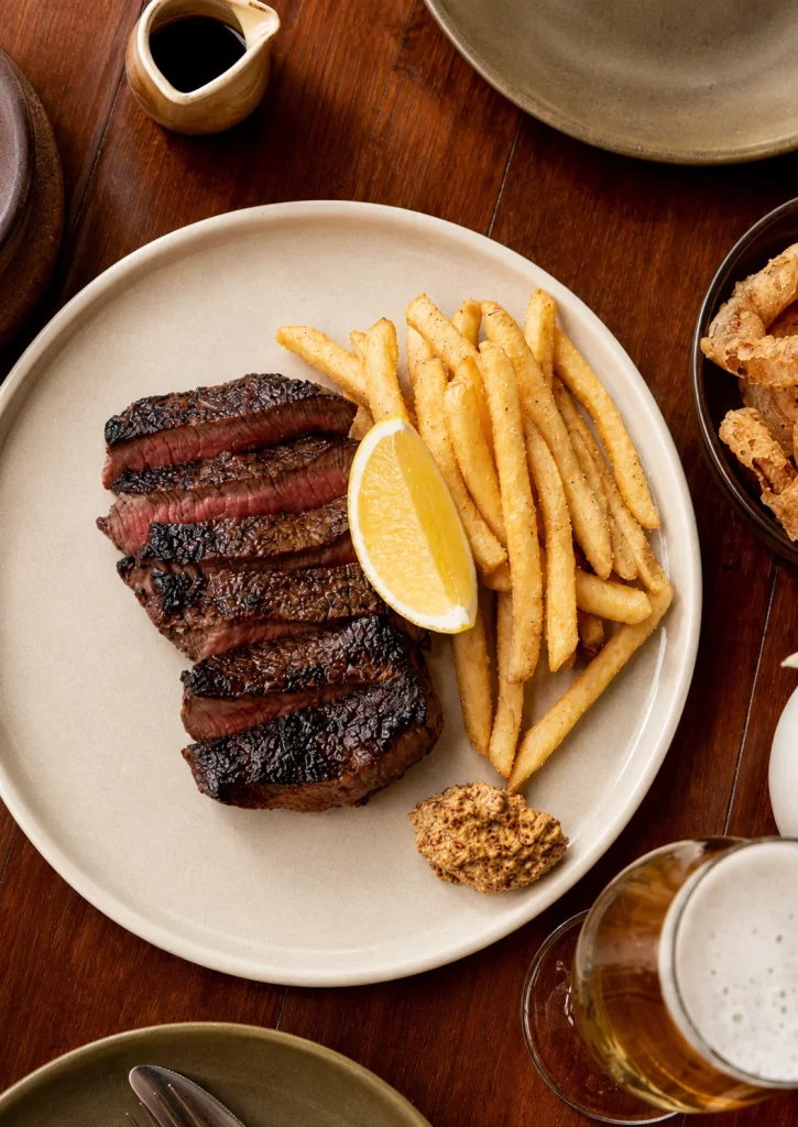 Grilled steak with fries, mustard and a beer at a Byron Bay bistro