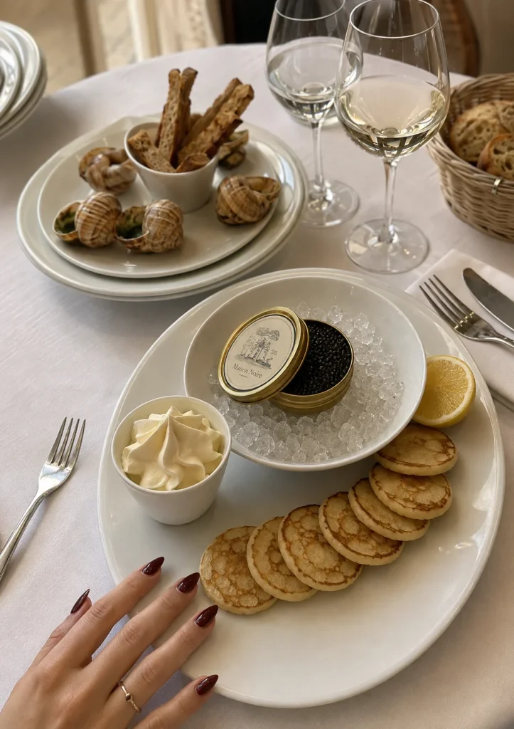 Caviar with blinis and crème fraîche, escargot and glasses of white wine on a white tablecloth in Paris