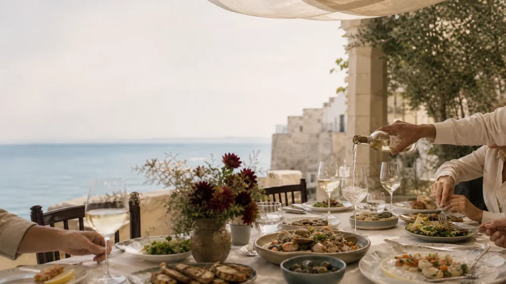 Shared plates and wine on a seaside terrace table overlooking the ocean