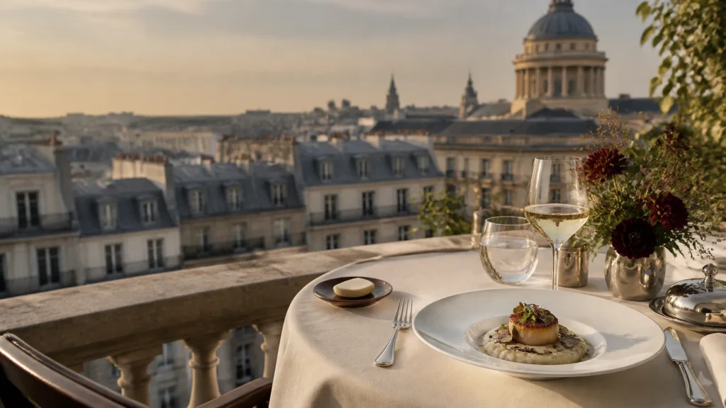 Restaurant table set on a balcony overlooking city rooftops and a domed building at golden hour