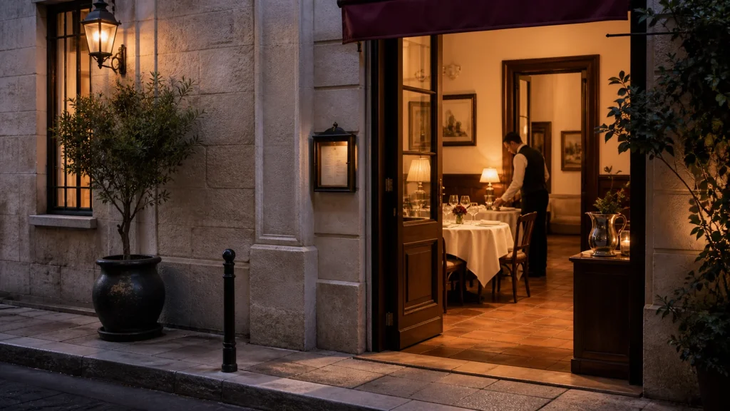 Warmly lit restaurant doorway on a quiet street, with a waiter and set tables inside