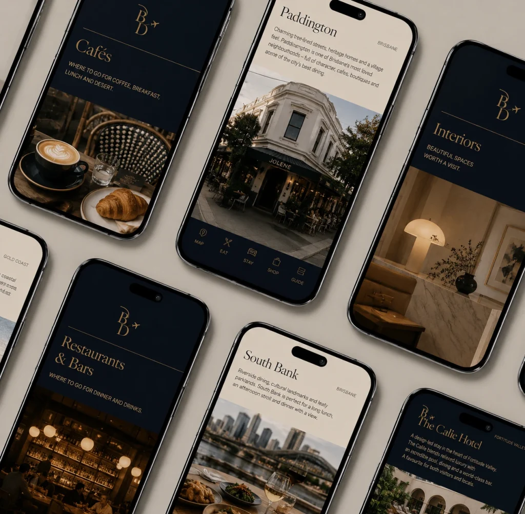 Boarding for Dinner digital guide pages on phone screens, covering cafés, restaurants and bars, and neighbourhoods