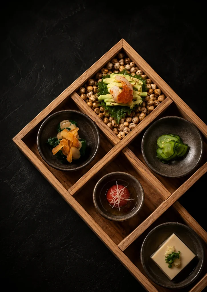 Tasting box of small plates served in a wooden tray